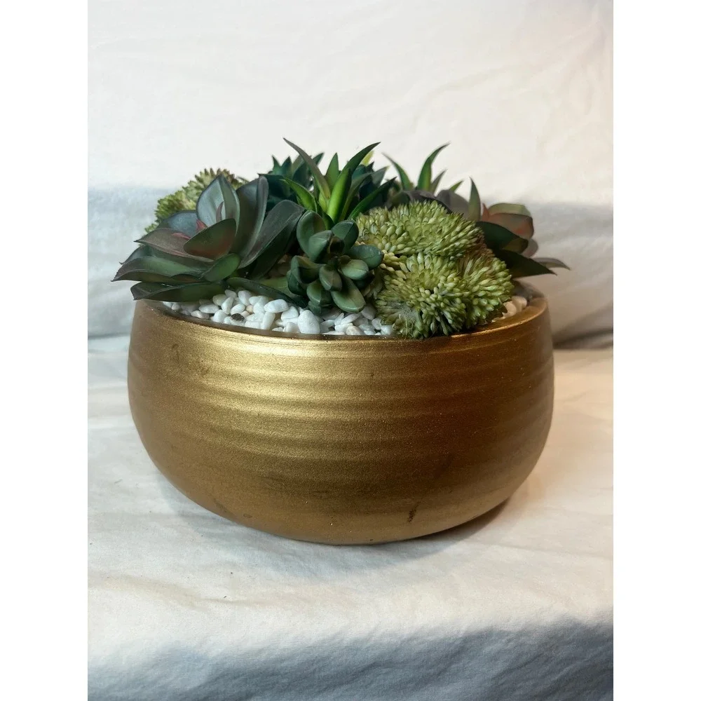 Artificial Succulent‎ Arrangement in Gold Metallic Ceramic Bowl Faux Centerpiece